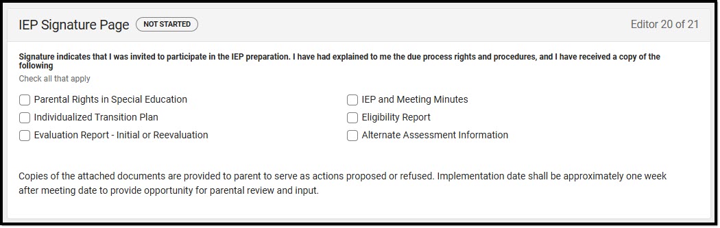 Screenshot of the IEP Signature Page Editor.