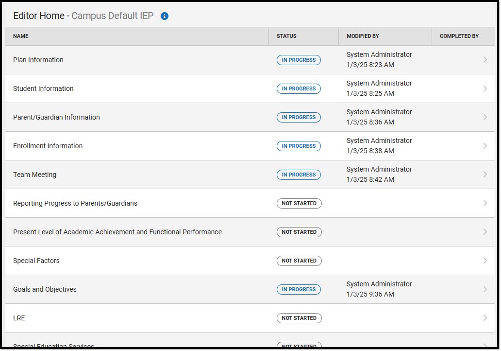 Screenshot of the Campus Default IEP Editor Home.