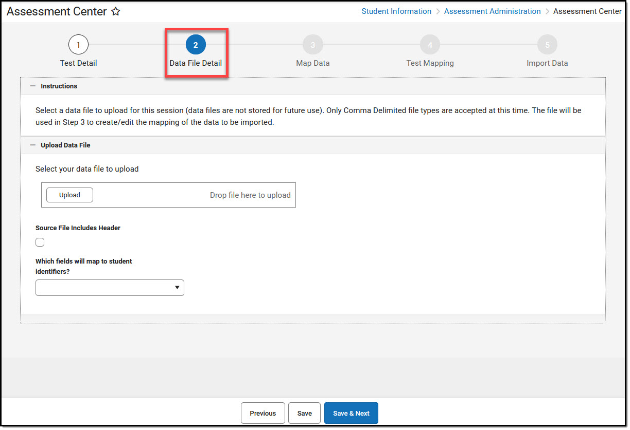 Image of Data File Detail screen editor in the Assessment Center.