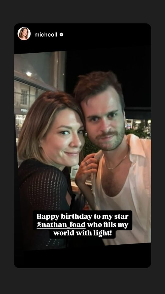 Instagram story shared by Nathan, originally from his friend (MichColl): a photo of Nathan and his friend out at night, leaning in close as they smile at the camera. Text reads: Happy birthday to my star @ nathan_foad who fills my world with light!