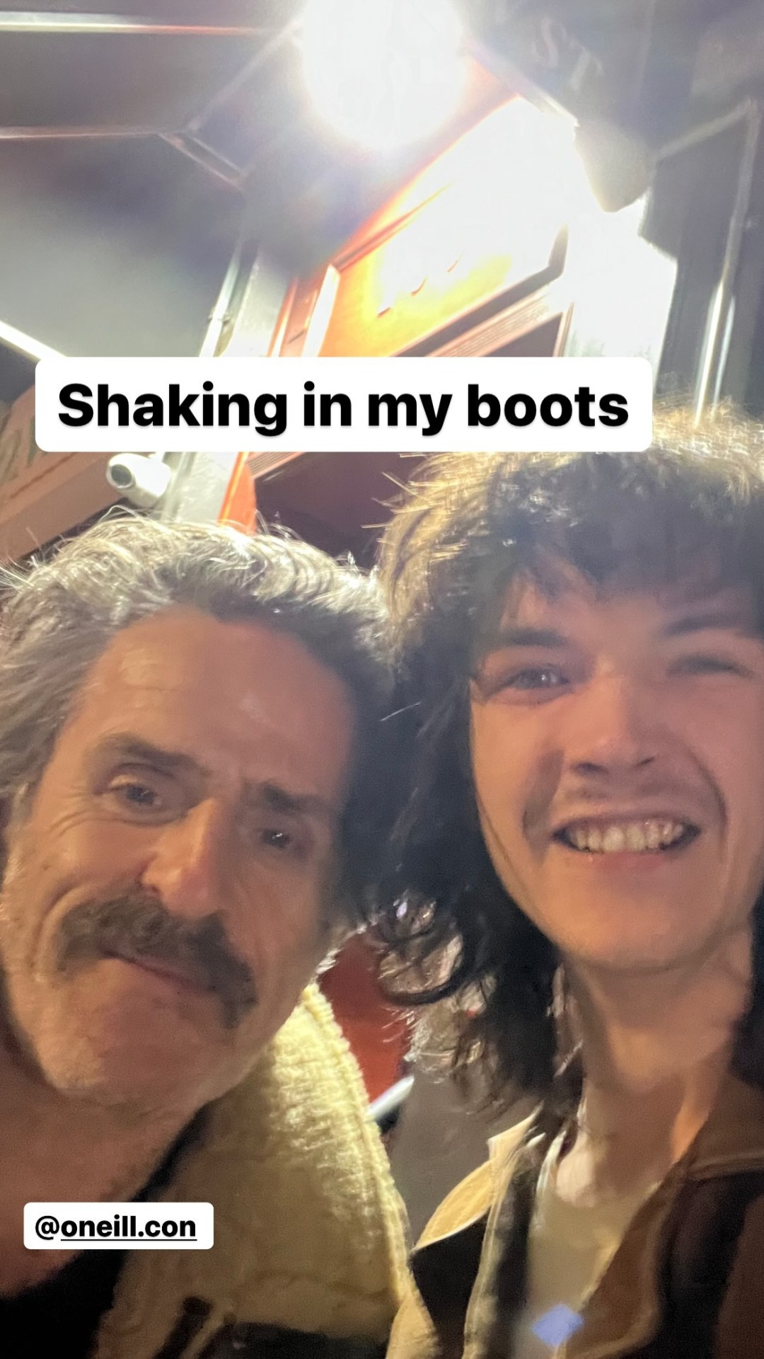 Selfie of Con and a fan, both smiling at the camera. Text reads: shaking in my boots @ ONeillCon.