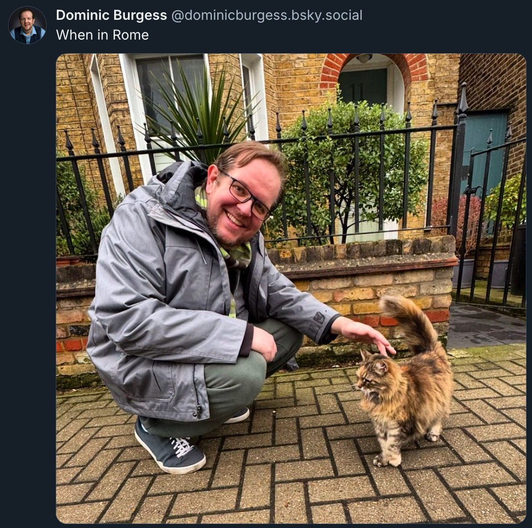 Bluesky post by Dominic Burgess (‪@ dominicburgess.bsky.social‬) with a photo of him crouching down on a sidewalk to pet a very fluffy looking tabby cat. His post reads: 'When in Rome.'