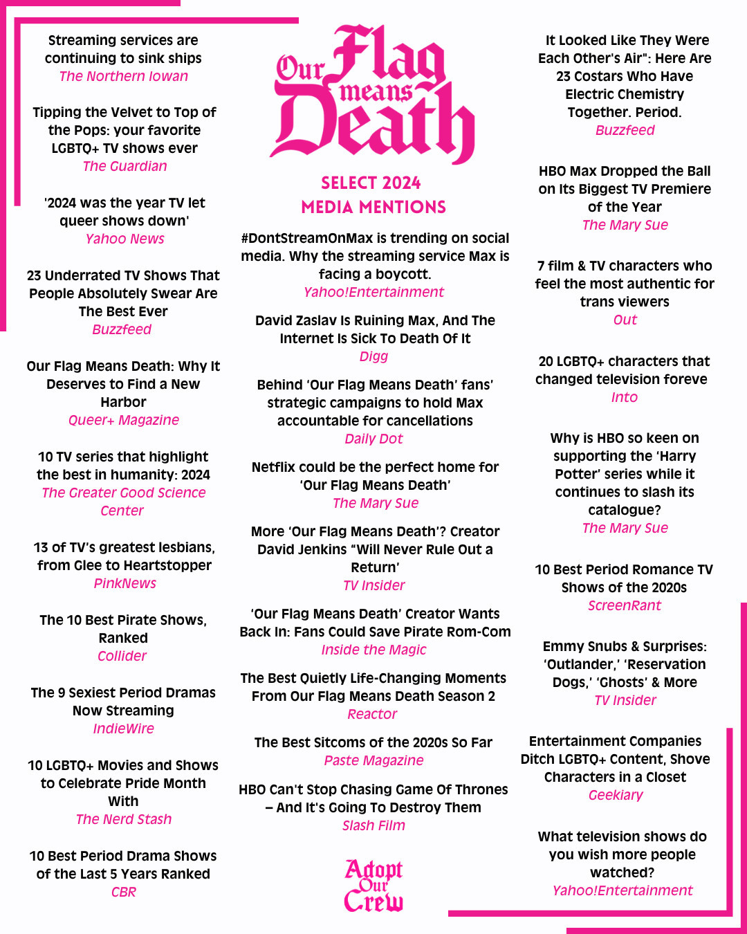 Image attached to the Bluesky post: a list of articles that Our Flag Means Death has coverage in. The logo for Our Flag Means Death is at the top of the page in hot pink on a white background.