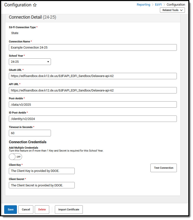 Image of the  Delaware Ed-Fi Configuration Detail Editor