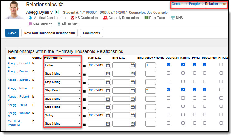 Screenshot of relationship types selected for an individual.