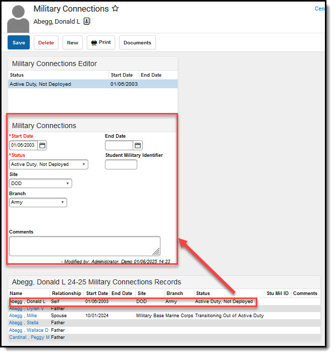 Screenshot of example of Military Connections site selected for an individual.