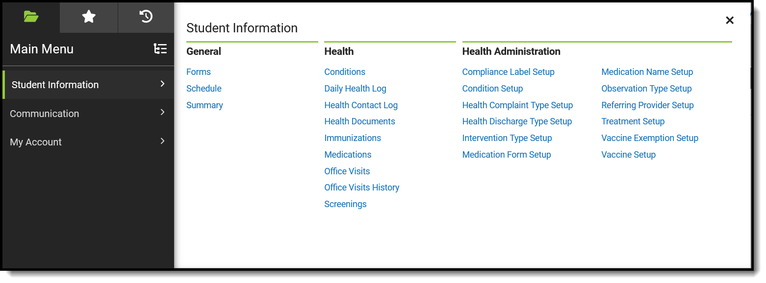 Screenshot of Student Information categories for Health Office Administrators