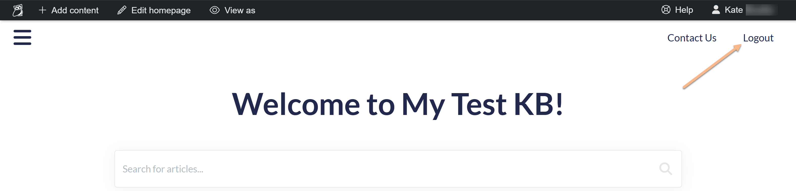 The homepage of a sample live knowledge base. The top navigation includes links to Contact Us and Logout. An arrow points to the Logout link.
