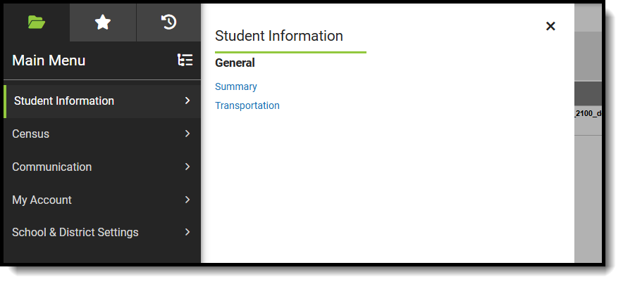 Screenshot of suggested Student Information tools for Transporation staff