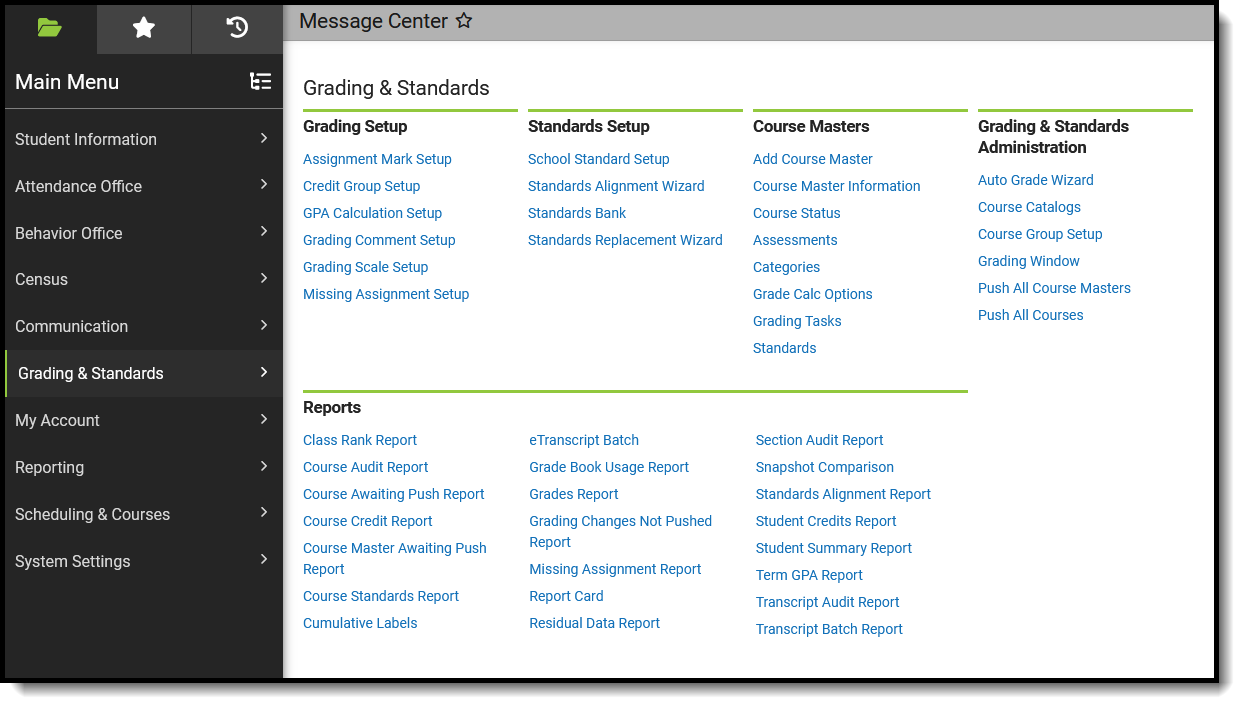 Screenshot of suggested Grading & Standards tools for Counselors