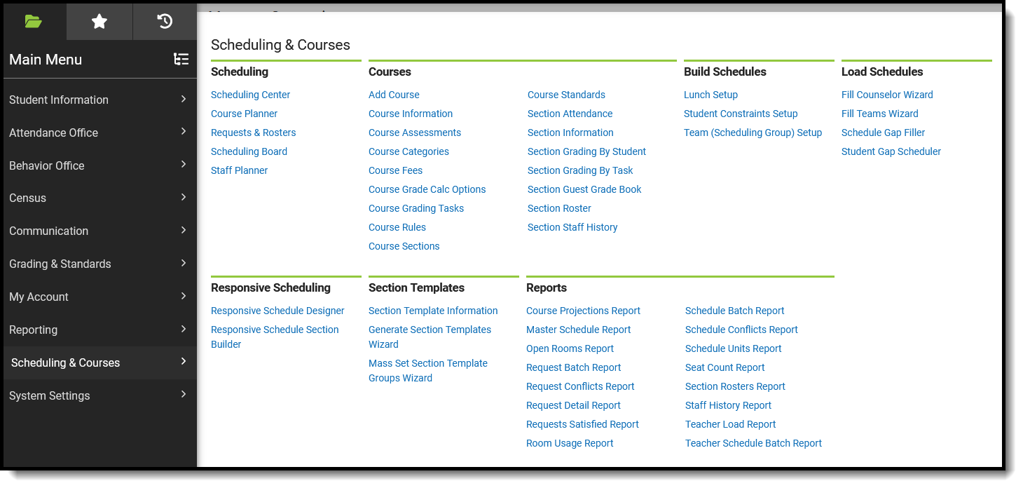 Screenshot of suggested Scheduling & Courses tools for Counselors. 