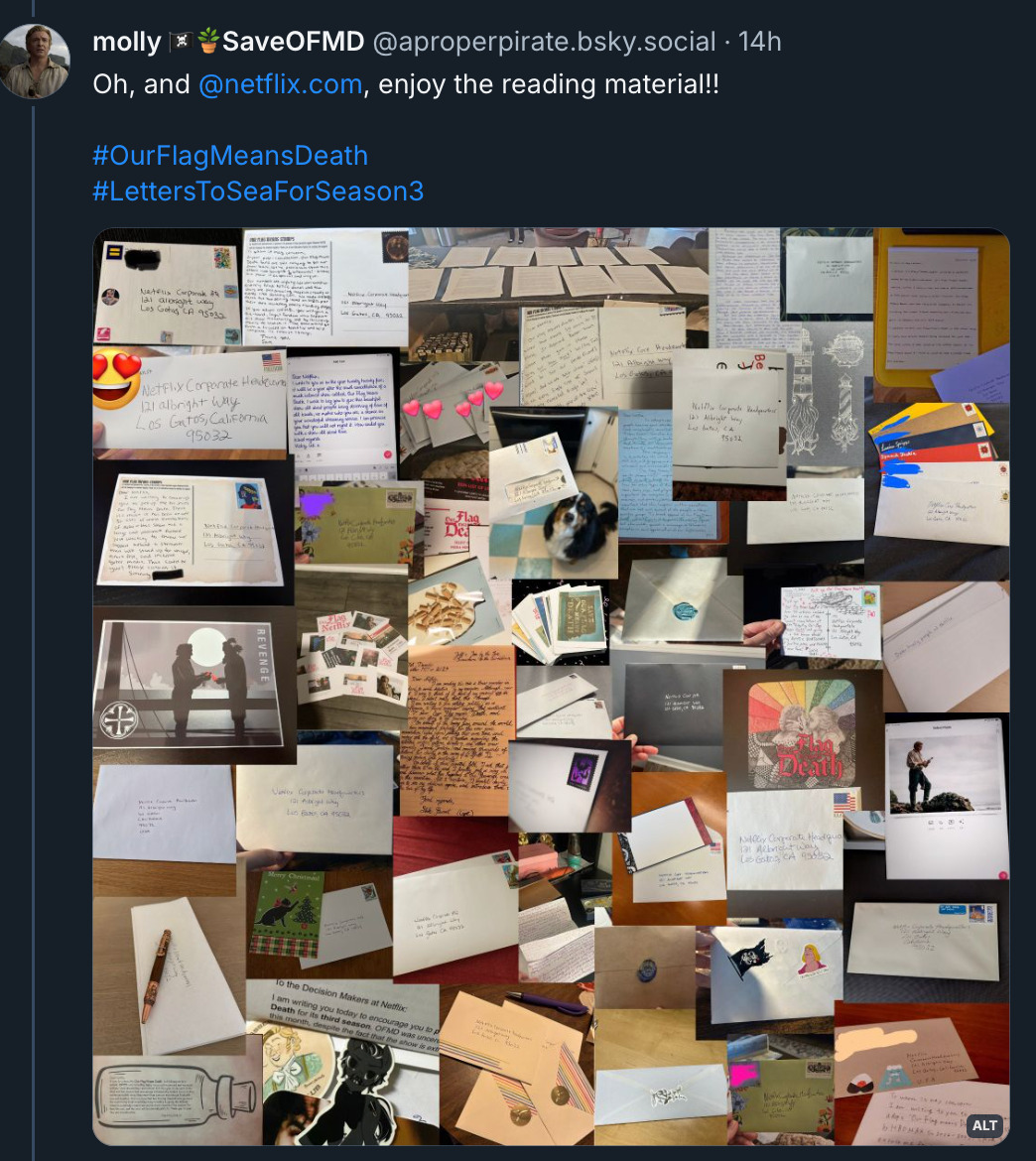 5th post from the thread, with a collage containing many photos of letters written by OFMD fans. The post reads: 'Oh, and @ netflix.com, enjoy the reading material!! # OurFlagMeansDeath # LettersTo