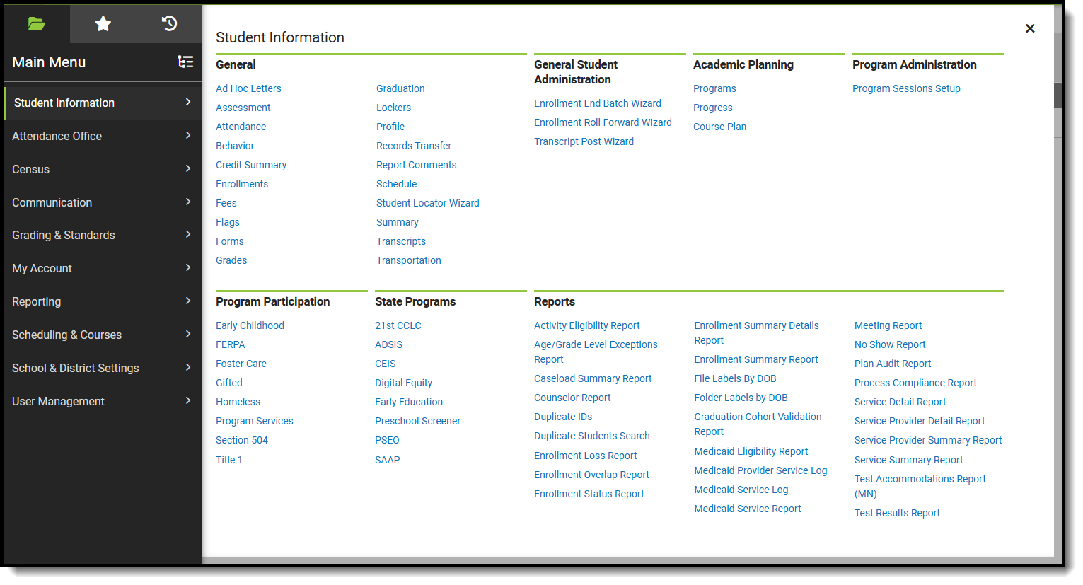 Screenshot of suggested Student Information tools for Front Office Staff.