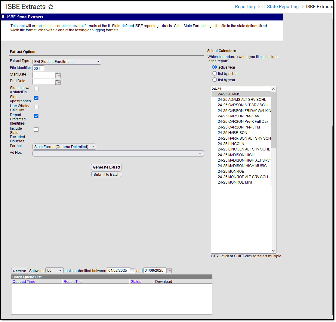 Screenshot of the ISBE Exit Student Enrollment extract editor. 