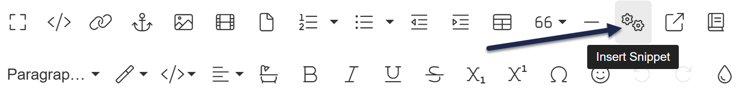 The WYSIWYG control panel in the article editor. The Insert Snippet icon is selected and an arrow points to it.