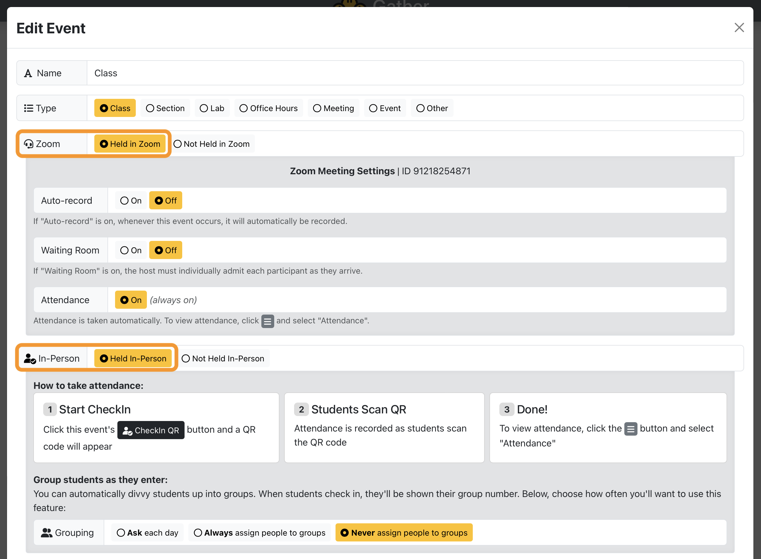 Held in person toggle below the settings for Zoom meeting