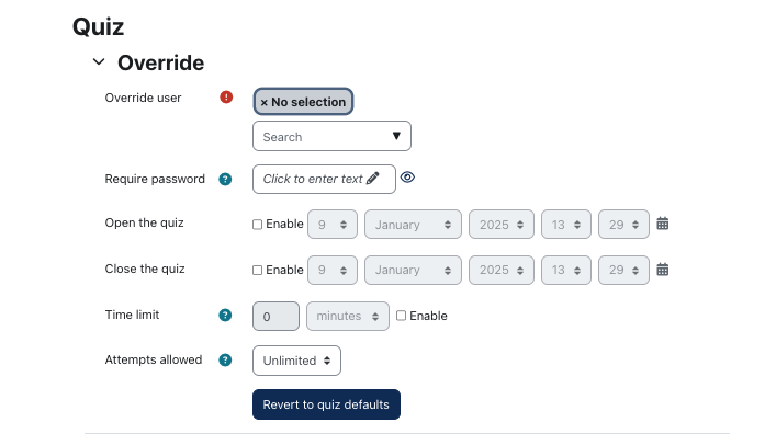 Screenshot showing user override options for a quiz