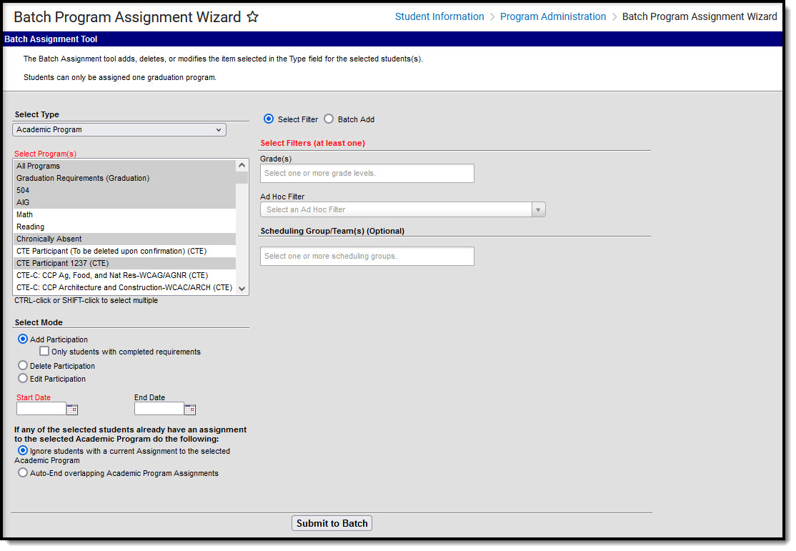 Image of the Batch Program Assignment Wizard