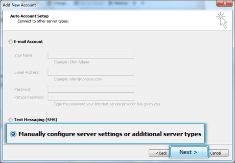 Manually configure server settings or additional server types option | Skyconnect