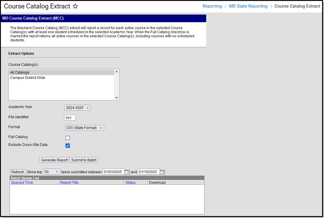 Image of the Course Catalog Extract Editor.