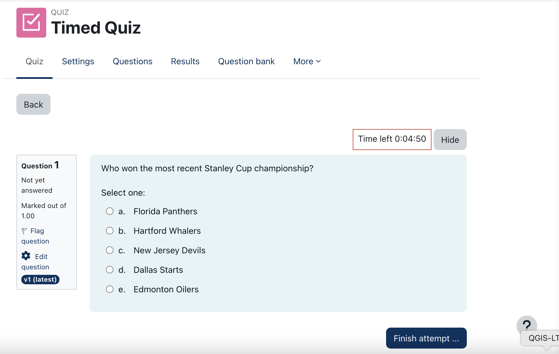 Picture of the interface for quizzes in Moodle 4.3.9