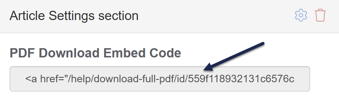 A Custom PDF card after the View PDF Download Embed Code link is selected. A PDF Download Embed Code field displays HTML with a hyperlink to the embed code. An arrow points to this HTML.