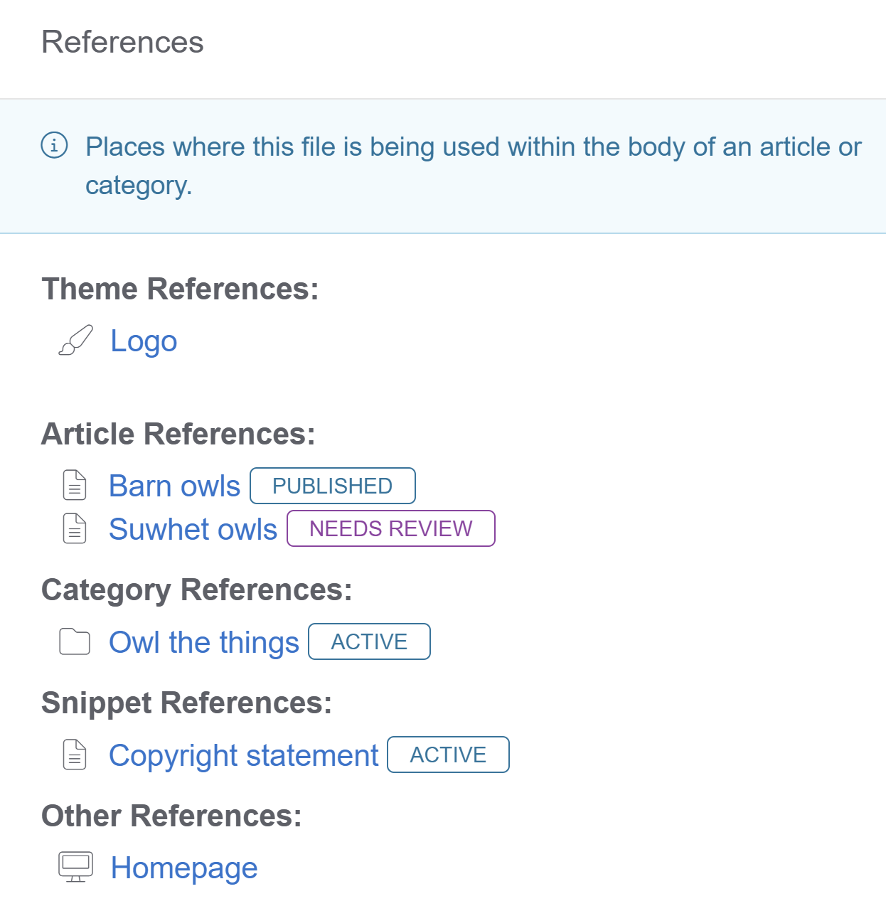 The References modal of a specific file. The Theme References section lists Body. The Article References lists two published articles and one rejected article. The Category References section lists one active category. The Snippet References section lists one active snippet. The Other References section lists the Homepage.