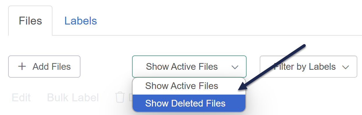 Screenshot of the File Library. The file-status dropdown is selected and Show Deleted Files option is highlighted and has an arrow pointing to it.