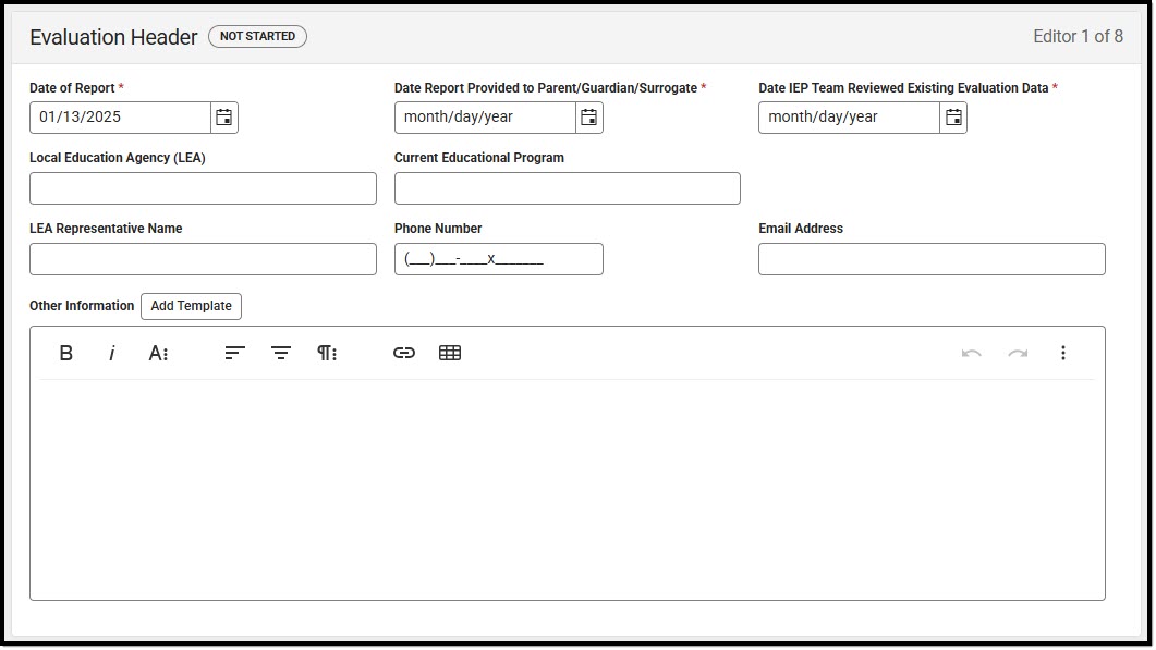 Screenshot of evaluation header editor.