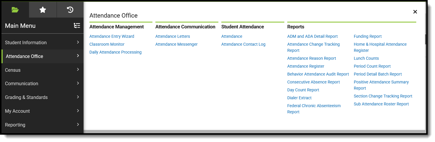 Screenshot of the suggested tool rights for Attendance Office for front office staff. 