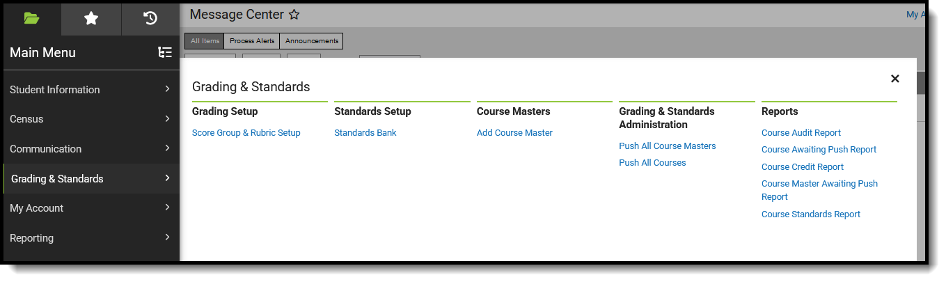 Screenshot of suggested Grading & Standards tools for Schedulers. 