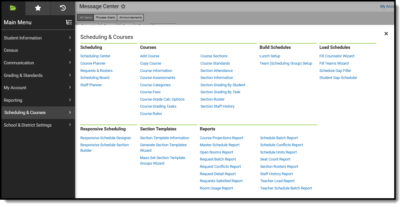 Screenshot of suggested Scheduling & Courses tools for schedulers. 