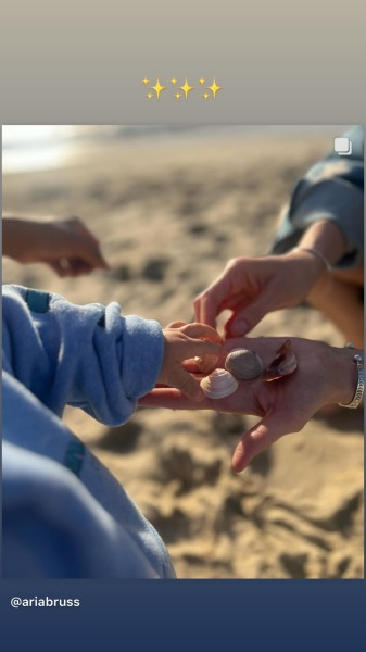 Samba's Instagram Story where he shared a post from his partner Aria (@ AriaBruss): a photo of their child's hand reaching out to grab some seashells from Aria's outstretched palm. Above the photo, Samba has added 3 sparkle emojis.