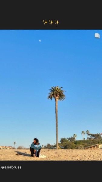 Another photo from Aria's post, shared to Samba's Instagram Stories: Samba sits on the sand with his arms wrapped tightly around his kid, who is snuggling in close with their face hidden from the camera. The photo is taken from a slight distance, so a large portion of the image is taken up by the bright blue sky. A tall palm tree can be seen in the background, and a waxing gibbous moon at the top of the photo. Above, Samba has again added 3 sparkle emojis.