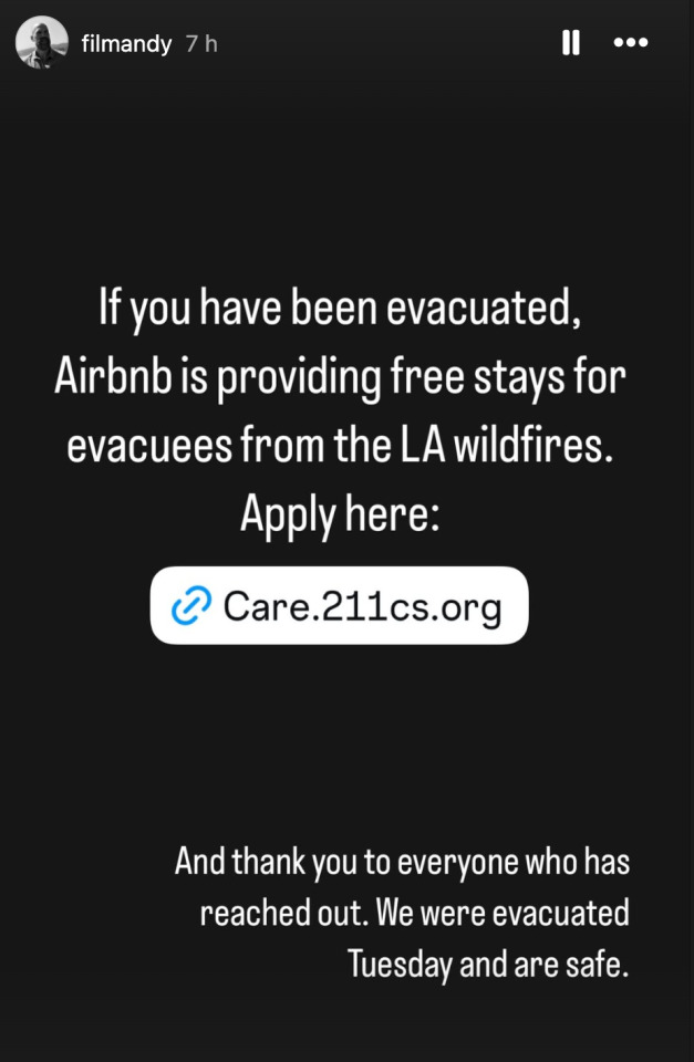 Instagram story by Andy Rydzewski (@ FilmAndy) with white writing on a black background: 'If you have been evacuated, AirBNB is providing free stays for evacuees from the LA wildfires. Apply here: Care.211cs.org. And thank you to everyone who has reached out. We were evacuated Tuesday and are safe.'