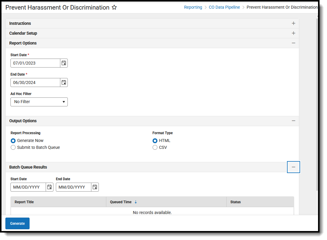 Screenshot of the Prevent Harassment or Discrimination Report Editor, located at Reporting, CO Data Pipeline.  