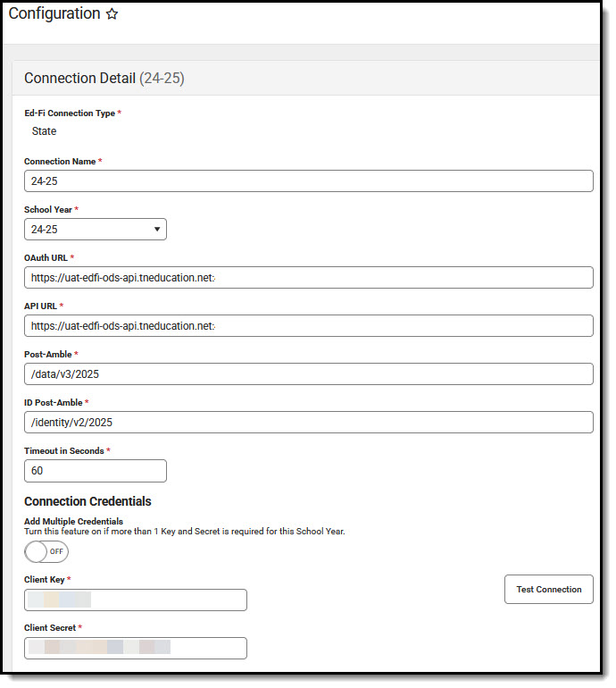 Image of Ed-Fi Configuration tool with Connection editor open and selections visible