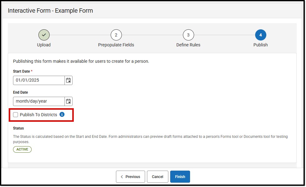 Screenshot of the Publish to Districts checkbox on the Publish step.