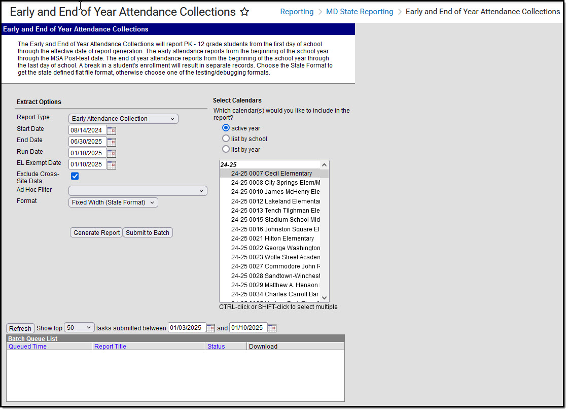 Image of the Early and End of Year Attendance Collections Extract Editor.