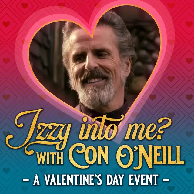 Promo graphic for the Momentus event, with a heart-shaped 'cut-out' containing a photo of Izzy's face. Below is written in swoopy letters: 'Izzy into me? With Con O'Neill - a Valentines's Day event'. The background of the image is a pattern of hearts inside double diamond shapes, in a hot pink to teal colour gradient.