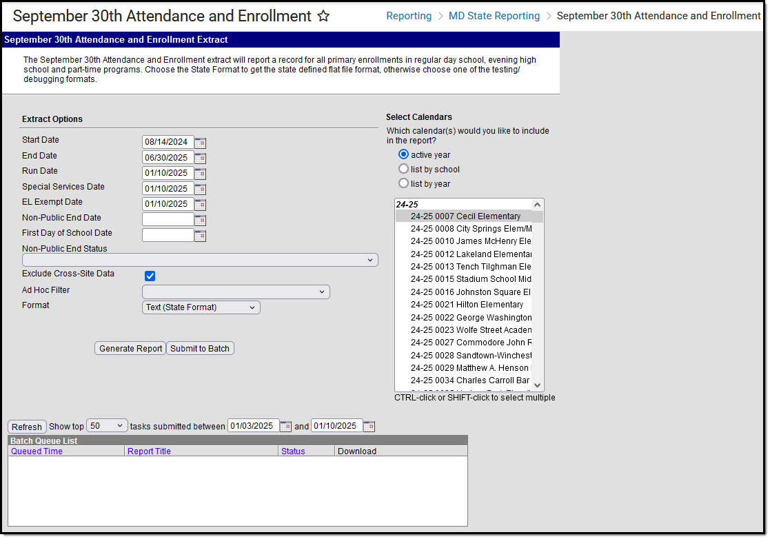 Image of the September 30th Attendance and Enrollment Extract Editor.