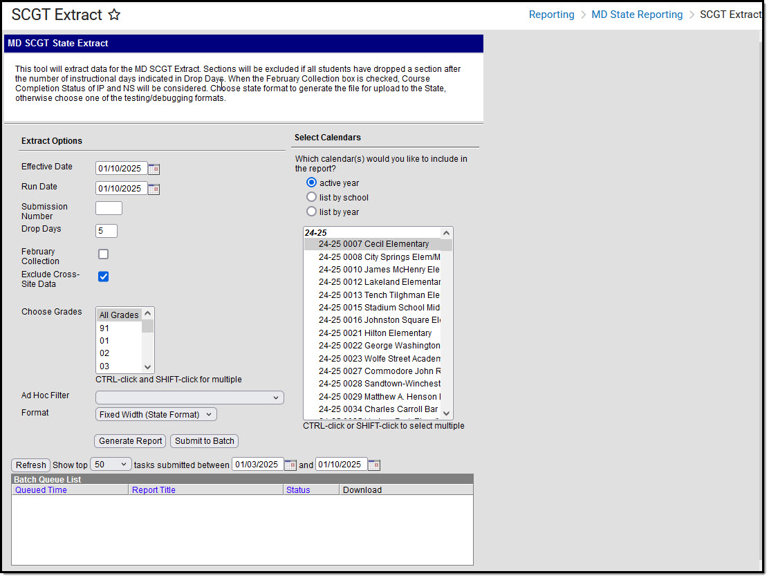 Image of the Maryland SCGT Extract Editor.