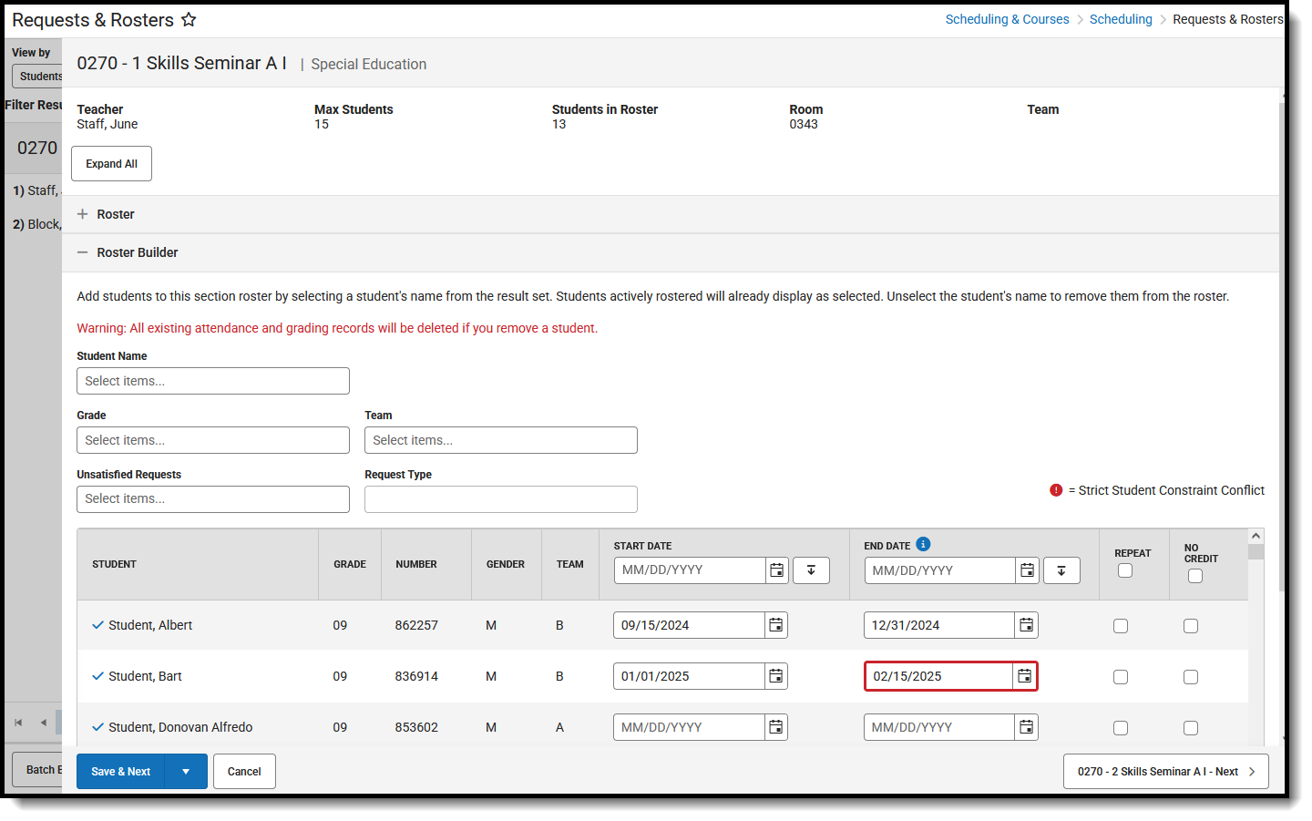 Screenshot of the Roster Builder card that displays when viewing hte Course Section side panel. 