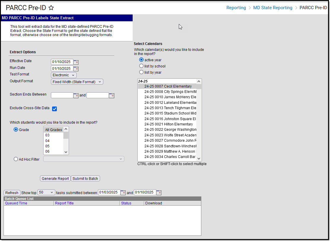 Image of the PARCC Pre-ID Extract Editor.