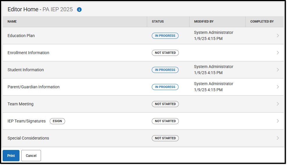 Screenshot of the Pennsylvania IEP Editor Home.