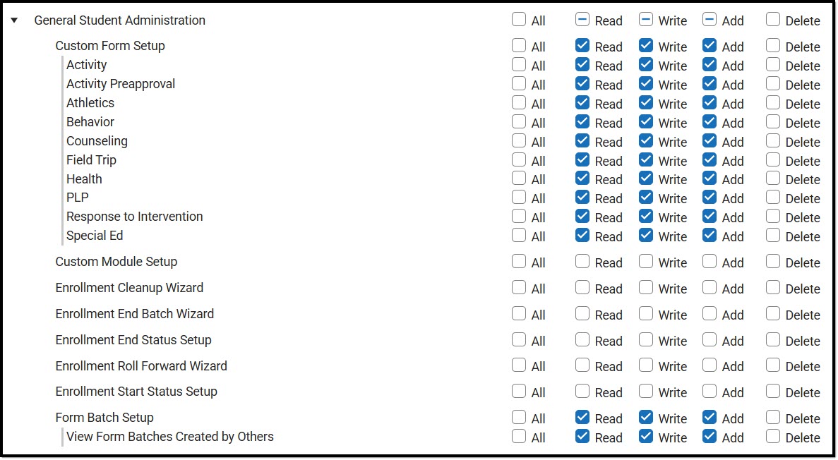 Screenshot of the Form Batch Setup Tool Rights.