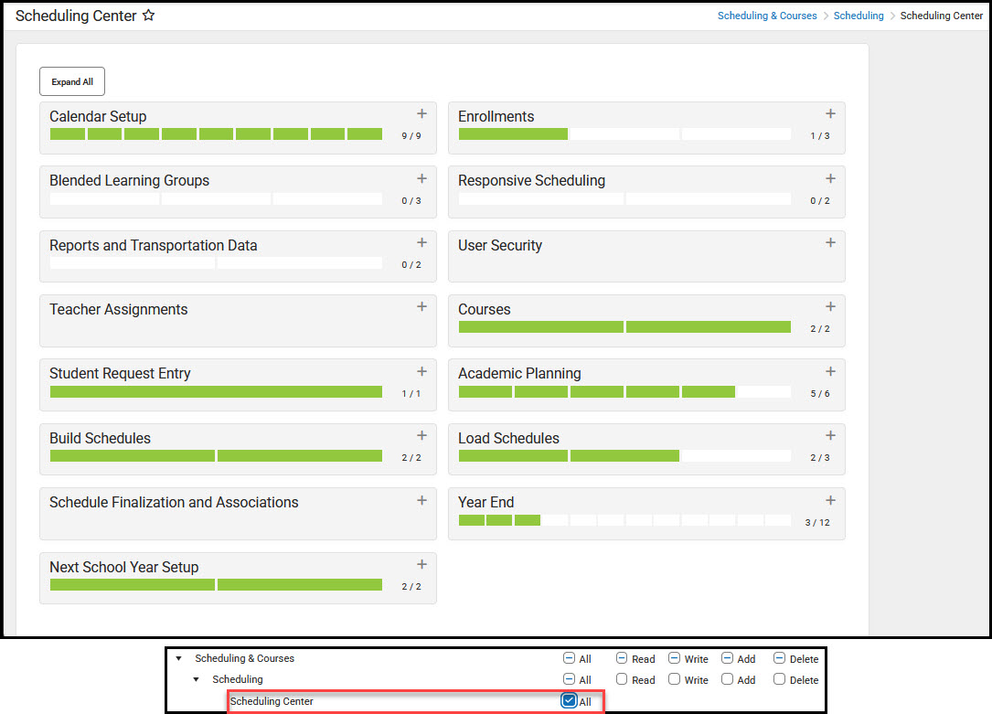 Screenshot of the Scheduling Center tool and tool right.