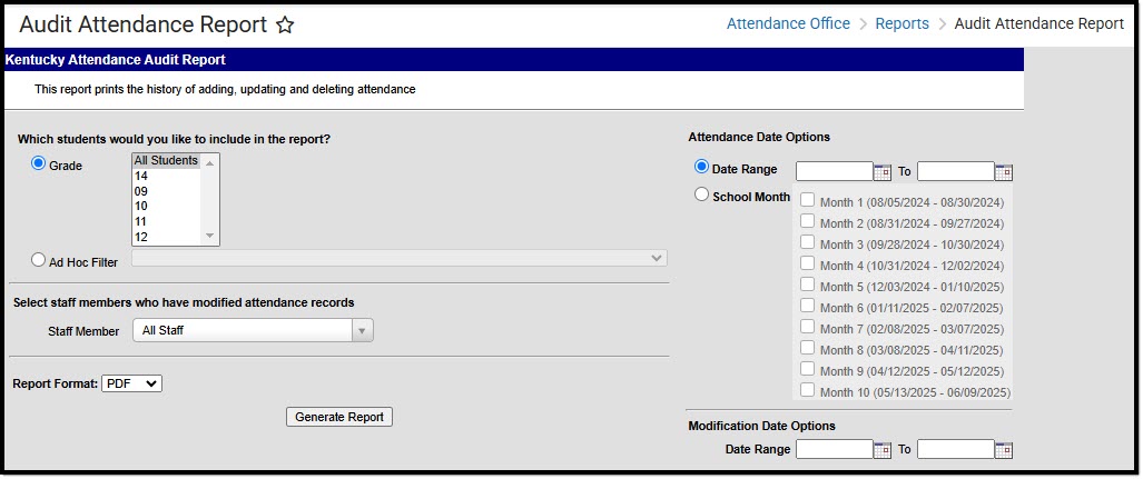 Screenshot of the Audit Attendance Report editor for Kentucky.