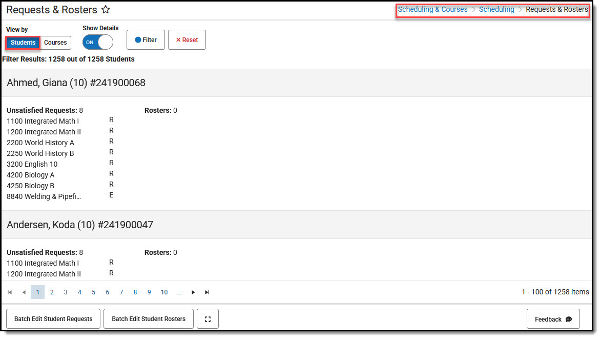 Screenshot of Requests and Rosters tool with View By Students information displaying.