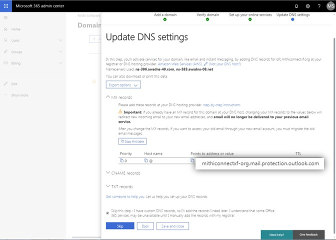 Update DNS settings on O365 and SkyConnect